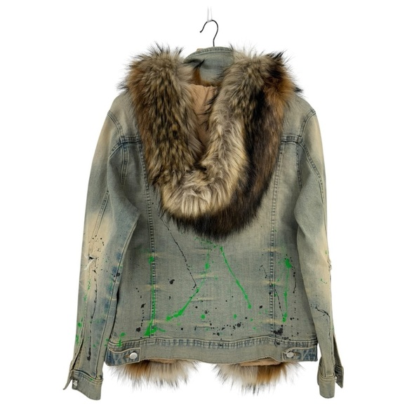 Rockstar Original Fur Trim Denim Paint Splatter Hooded Jean Jacket L - Picture 2 of 16